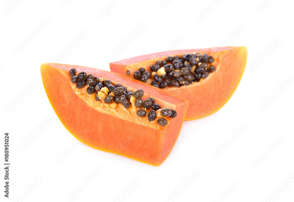 portion cut ripe papaya with seed on white background portion cut ripe papaya with seed on white background