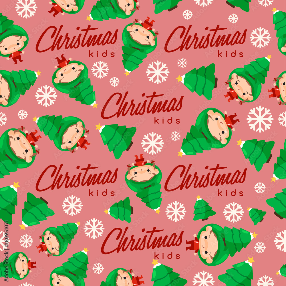 Boy and girl wearing Christmas fancy hat : Seamless Pattern : Vector Illustration