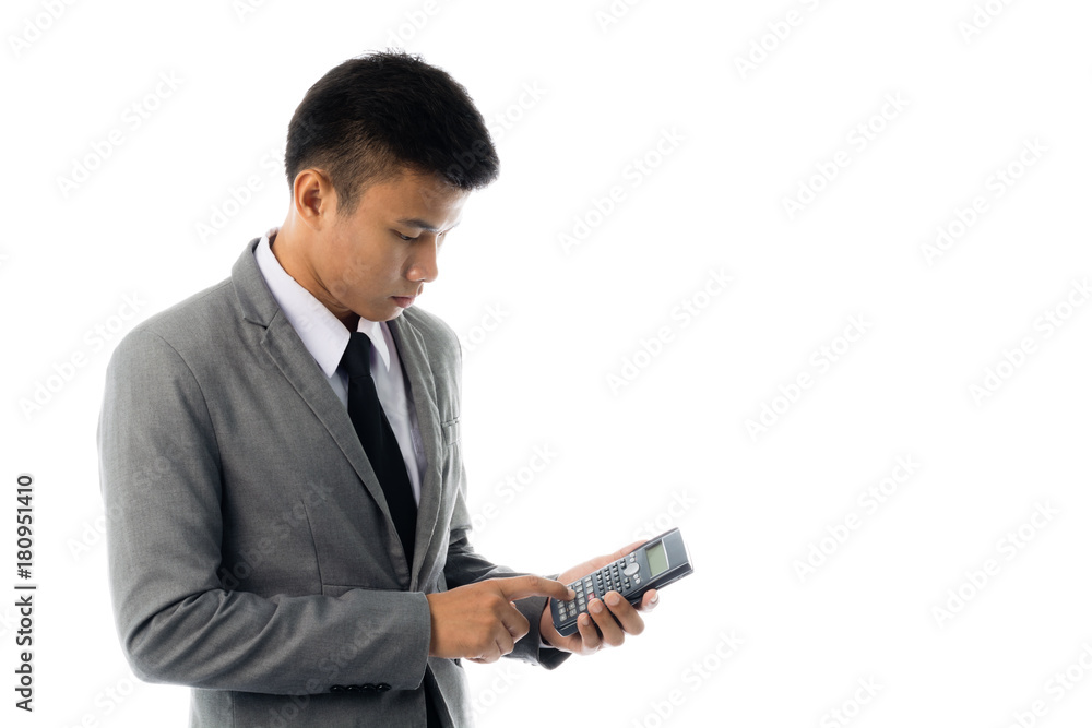 Portrait of a young business man with calculator. Isolated on white background Portrait of a young business man with calculator. Isolated on white background