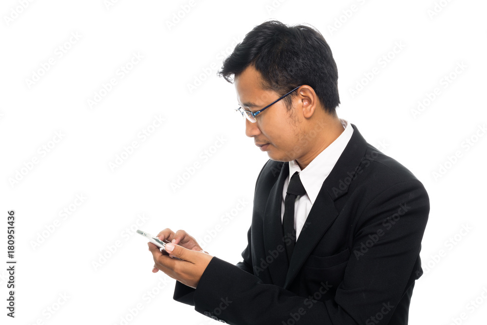 Portrait of a business man with glasses and smart phone. Isolated on white background Portrait of a business man with glasses and smart phone. Isolated on white background