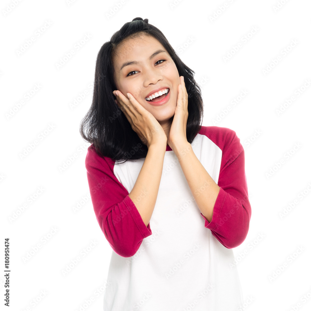 Beautiful asian woman is dreaming to her success, portrait studio on white background Beautiful asian woman is dreaming to her success, portrait studio on white background