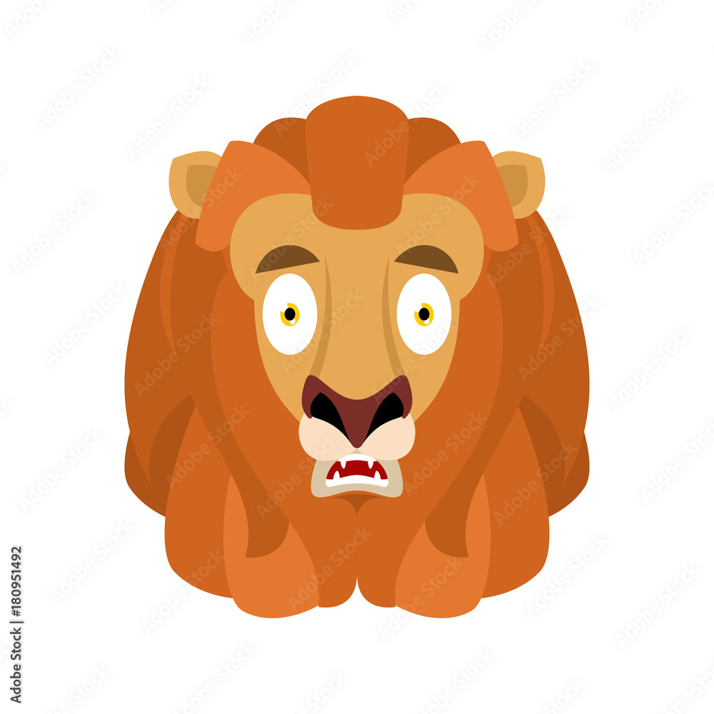 Lion scared OMG avatar emotion. Wild animal Oh my God emoji. Frightened beast. Vector illustration Lion scared OMG avatar emotion. Wild animal Oh my God emoji. Frightened beast. Vector illustration