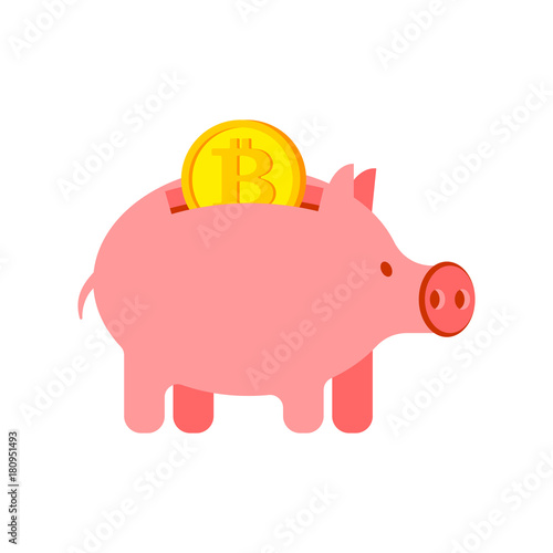 Pig piggy bank and bitcoin. Financial illustration. Accumulation of crypto currency. Vector illustration