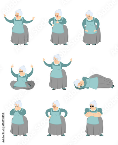 Grandmother set poses and motion. Grandma happy and yoga. Old lady sleeping and angry. guilty and sad. Vector illustration