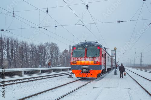 Train at the station in winter