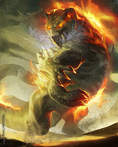 Foto digital illustration of magical creature lion tiger in fire