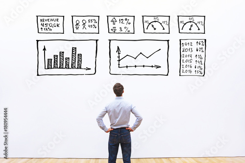 business analytics concept, businessman looking at dashboard with charts and graphs