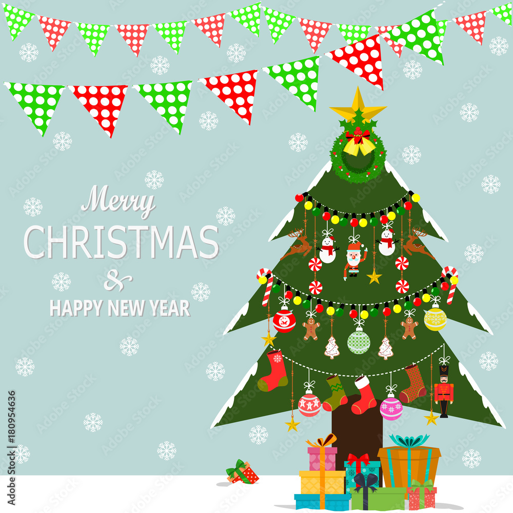 Christmas background. Christmas tree with set of Christmas elements and snow. Greeting card, poster or banner. Christmas background. Christmas tree with set of Christmas elements and snow. Greeting card, poster or banner.