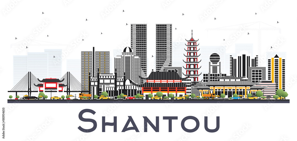 Obraz premium Shantou China Skyline with Gray Buildings Isolated on White Background.