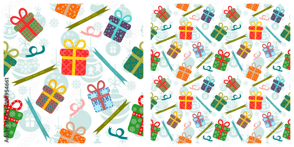 Christmas balls and present boxes in flat design. Two layers of   seamless patterns, which you can separate apart.