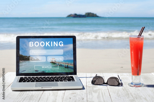 travel booking, hotels and flights reservation on the screen of computer