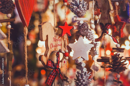 merry christmas, cute festive decoration close up, beautiful toys for new year photo