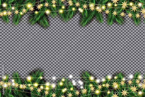 Fir Branch with Neon Lights and Golden Stars on Transparent Background.