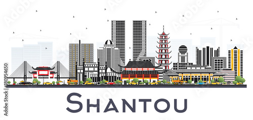 Shantou China Skyline with Gray Buildings Isolated on White Background.