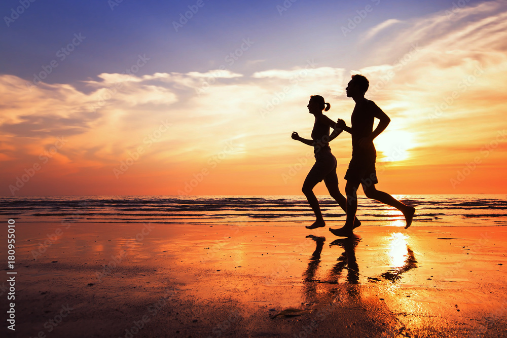 running background, sport and workout, silhouettes of people jogging at sunset beach - obrazy, fototapety, plakaty 