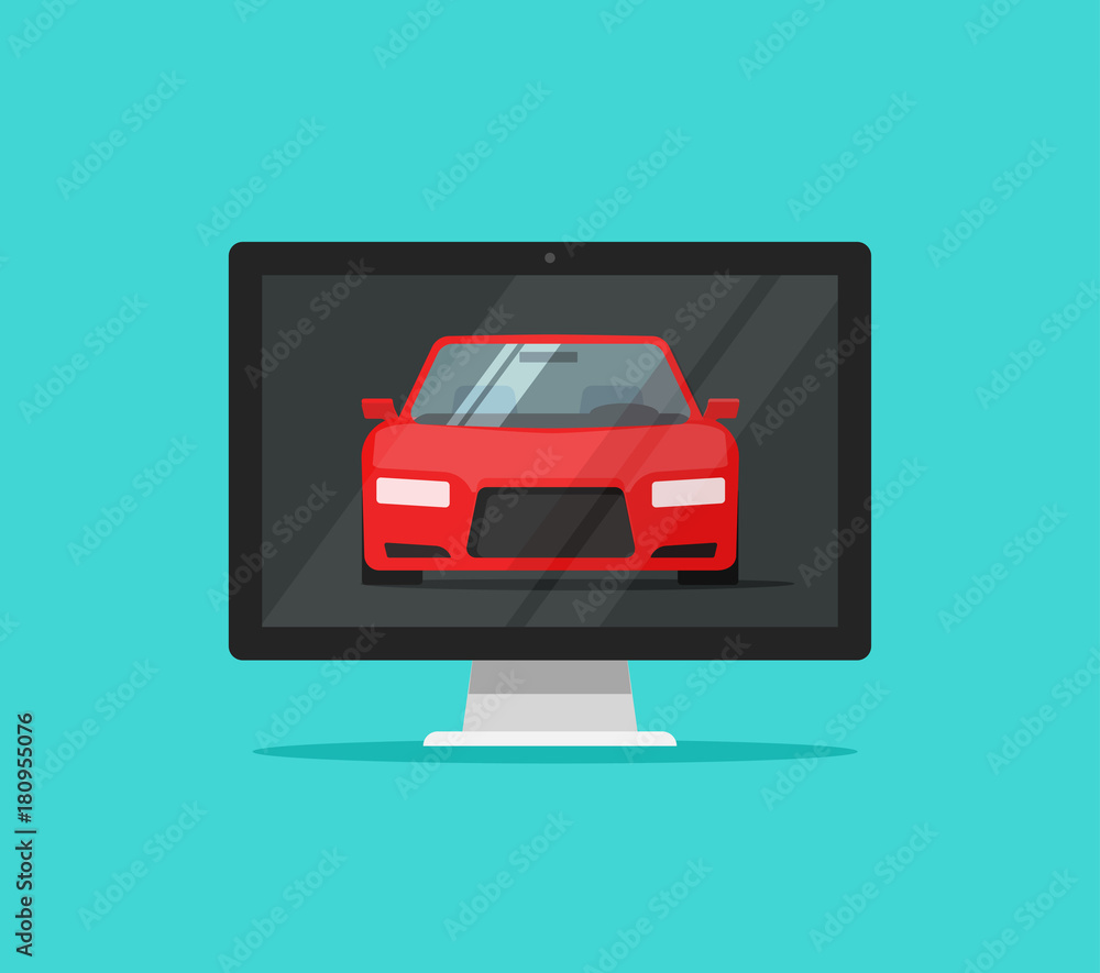 Car or auto on computer screen vector illustration, flat cartoon design pc with automobile on display isolated on color background Car or auto on computer screen vector illustration, flat cartoon design pc with automobile on display isolated on color background
