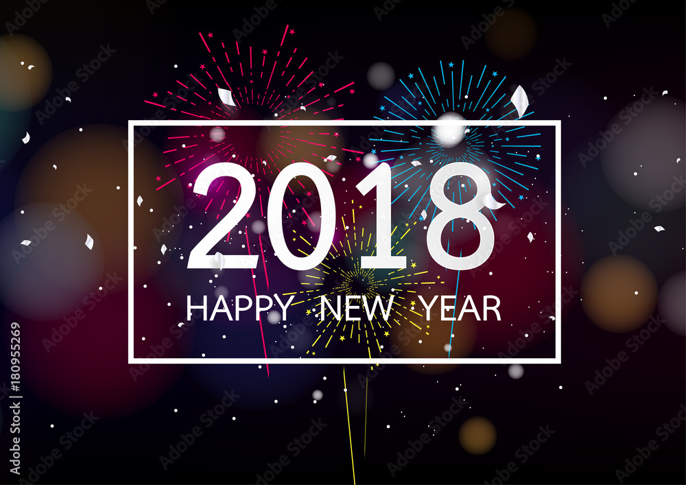 Happy new year 2018 with Firework on dark background for celebration, party, and new year event. Vector illustration
