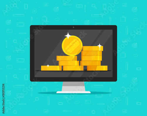 Computer with money on screen vector, flat of pc with big golden coins stack, idea of online finances, digital earnings, electronic bank or wallet, on-line wealth or savings, win jackpot or fortune
