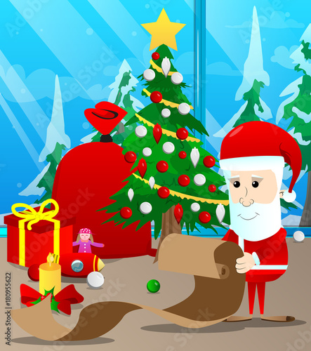 Santa Claus holding long paper, Christmas letter, wish list, naughty or nice list . Vector cartoon character illustration.
