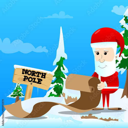 Santa Claus holding long paper, Christmas letter, wish list, naughty or nice list . Vector cartoon character illustration.