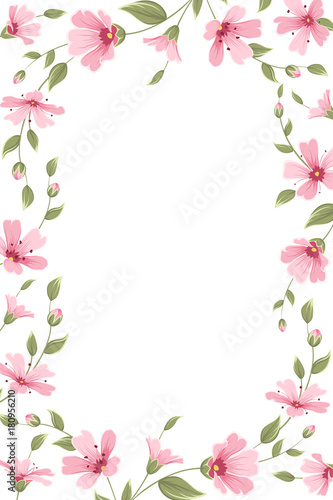 Gypsophila baby breath floral border frame template on white background. Bright pink purple spring summer flowers garland foliage. Vertical portrait aspect ratio. Place for text. Vector illustration.