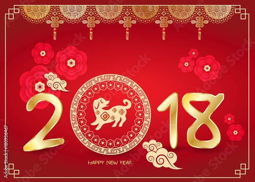 Happy Chinese new year. Year of the dog. Red and gold color. Vector illustration.