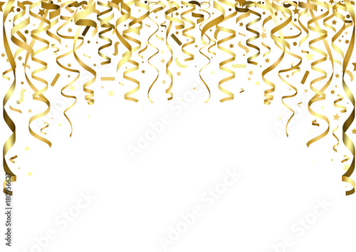 Golden Falling Confetti and Ribbons - Party Background Illustration, Vector