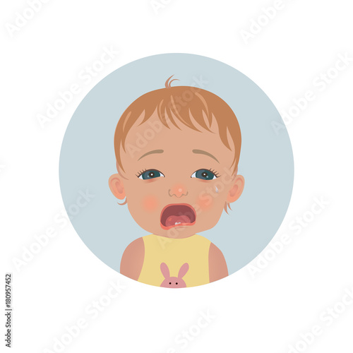 Cute crying baby emoticon. Tearful child emoji. Weeping kid smiley vector icon.