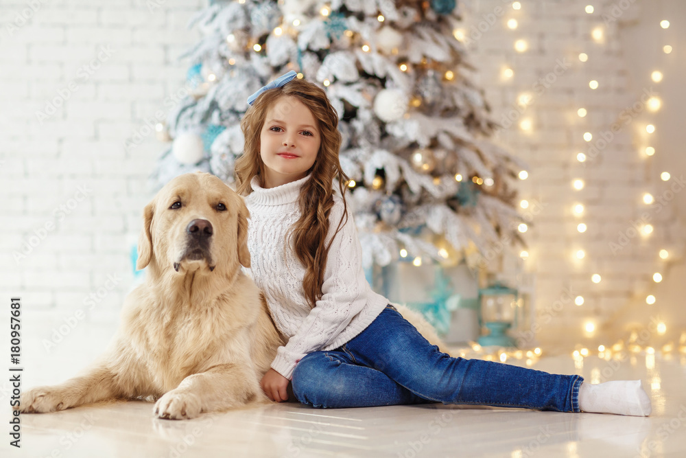 Little cute girl with a golden retriever dog near christmas tree