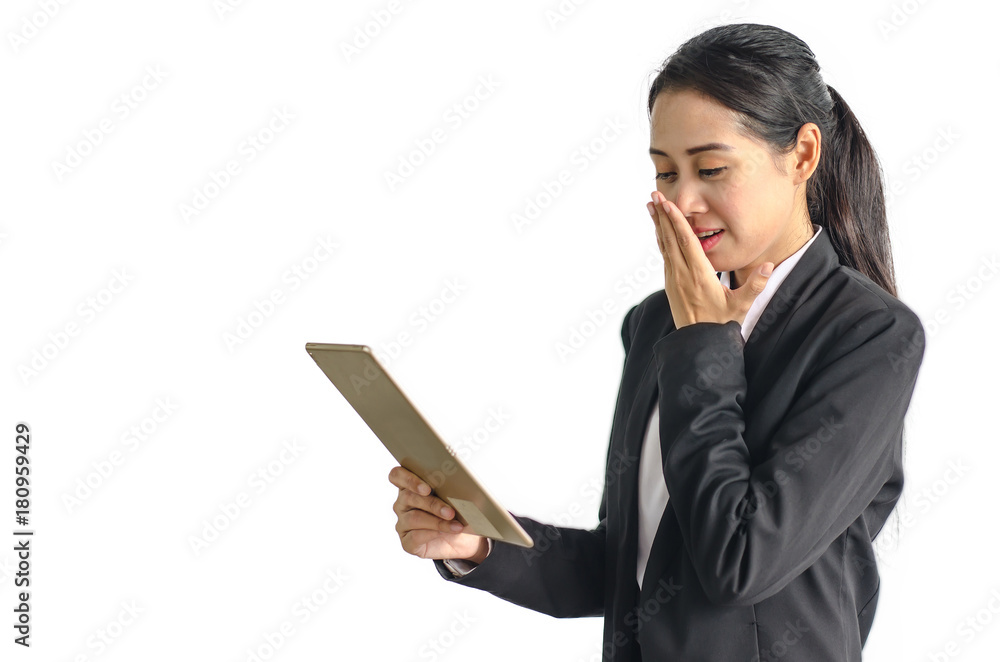 Asian beauty business woman in formal suit holding taplet communicating on white background Asian beauty business woman in formal suit holding taplet communicating on white background