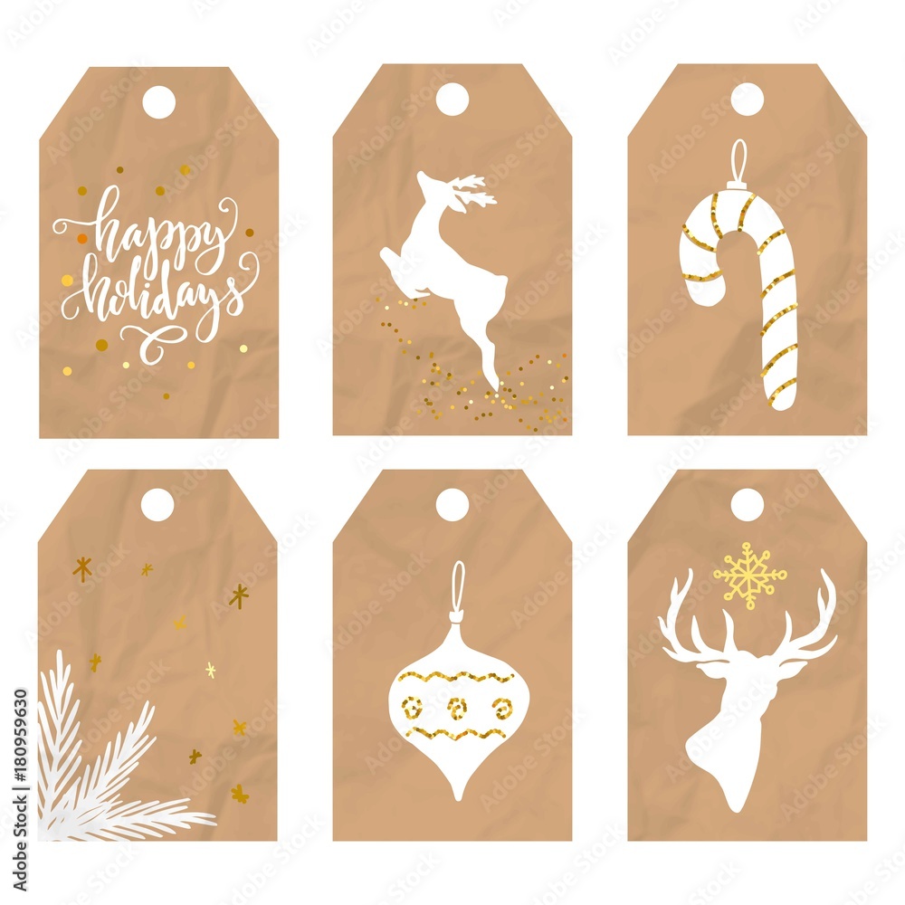 Set of holidays printable tags with hand lettering on craft crumpled ...