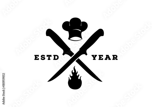 Cooking Vintage logo with Cross Knife, Fire and Chef Hat