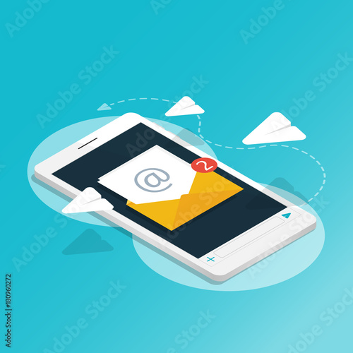 isometric smartphone send message rocket paper,You've got mail,application notifications vector