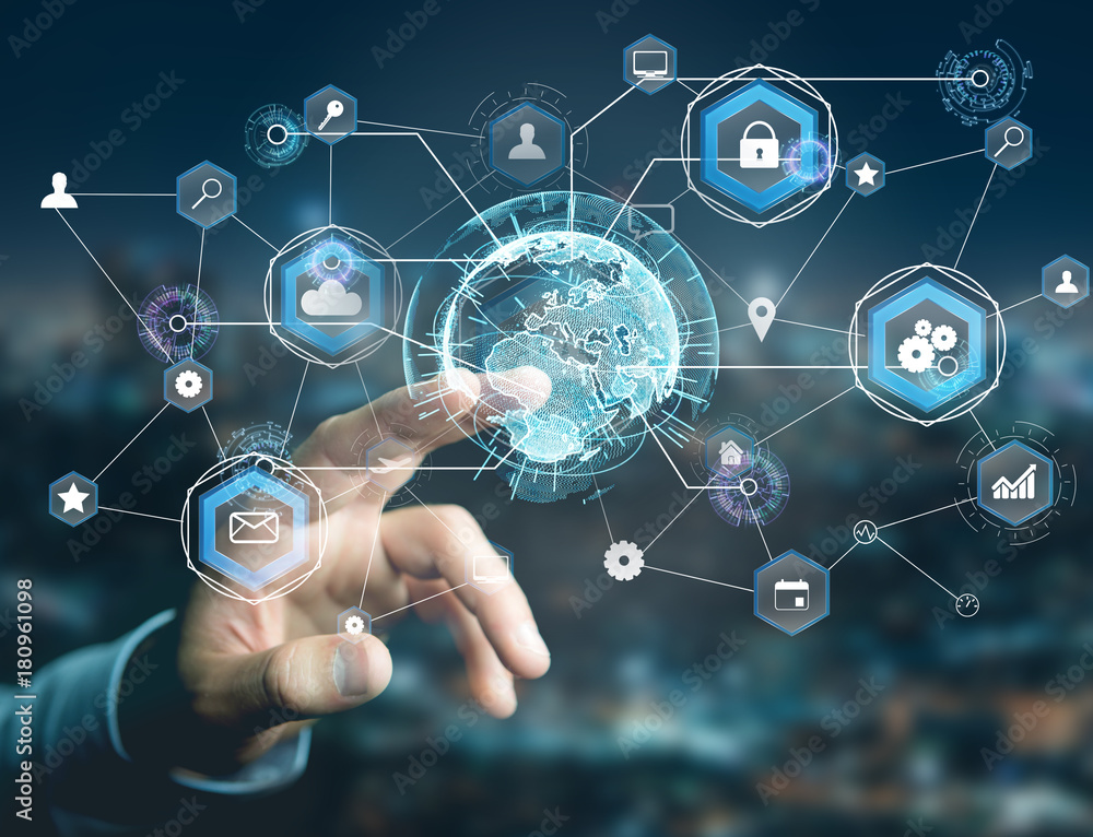 International business network connection displayed on a futuristic interface with technology icon and sphere globe - Worldwide business concept International business network connection displayed on a futuristic interface with technology icon and sphere globe - Worldwide business concept