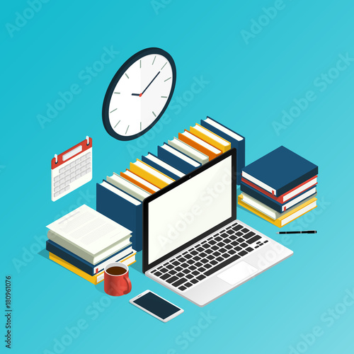 workspace isometric computer office work,education research vector