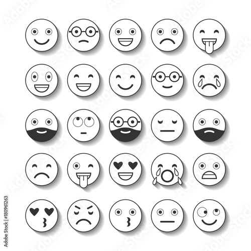 Flat icons of emoticons. Smile with a beard, different emotions, moods.