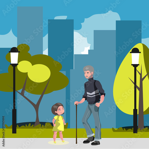 Old man walking with little girl