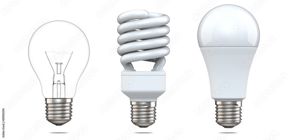 3d rendering set of tungsten bulb, fluorescent bulb and LED bulb. 3d illustration, evolution of energy saver lamps, isolated on white background. - obrazy, fototapety, plakaty 