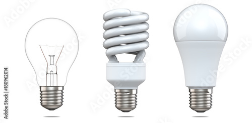 3d rendering set of tungsten bulb, fluorescent bulb and LED bulb. 3d illustration, evolution of energy saver lamps, isolated on white background.