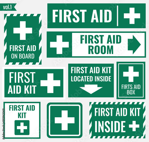 First aid label and sign set, vector illustration
