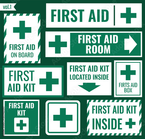 First aid sign and label set, vector illustration