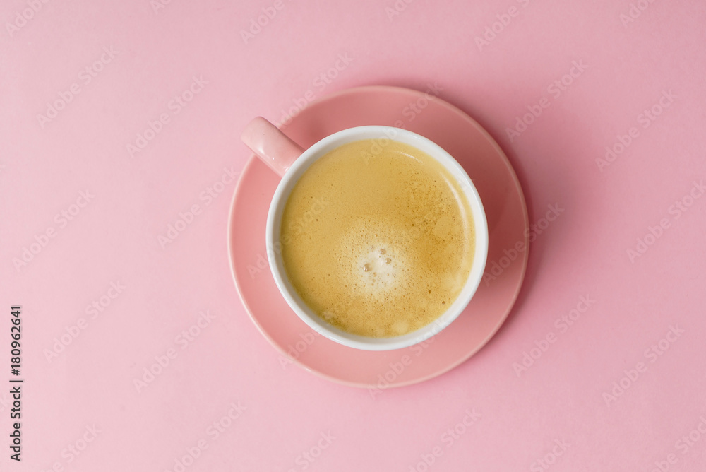 coffee in pink pastel table top view coffee in pink pastel table top view