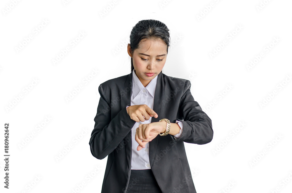 young business woman checks time on her wrist watch, time, late concept, isolated on white background young business woman checks time on her wrist watch, time, late concept, isolated on white background