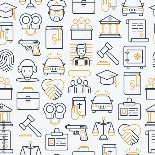 Law and justice seamless pattern with thin line icons: judge, policeman, lawyer, fingerprint, jury, agreement, witness, scales. Vector illustration for banner, web page, print media.