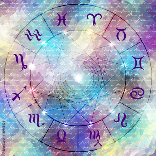 Magic circle with zodiacs sign on abstract grunge background.