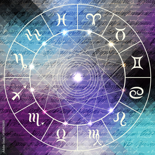 Magic circle with zodiacs sign on abstract grunge background.