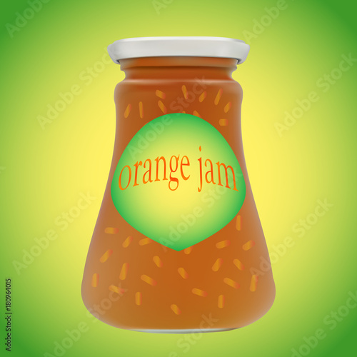 Orange jam jar glass  on green background