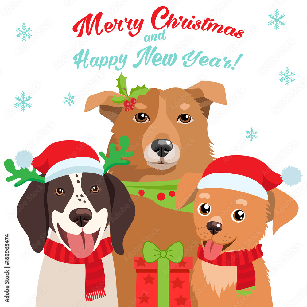 Cartoon Dog With Santa Hat And Christmas Text Vector Card For Your Christmas Greeting Cards, Invitations, Web Graphics And Holidays Print. Funny Doggy Characters. Cartoon Dog With Santa Hat And Christmas Text Vector Card For Your Christmas Greeting Cards, Invitations, Web Graphics And Holidays Print. Funny Doggy Characters.