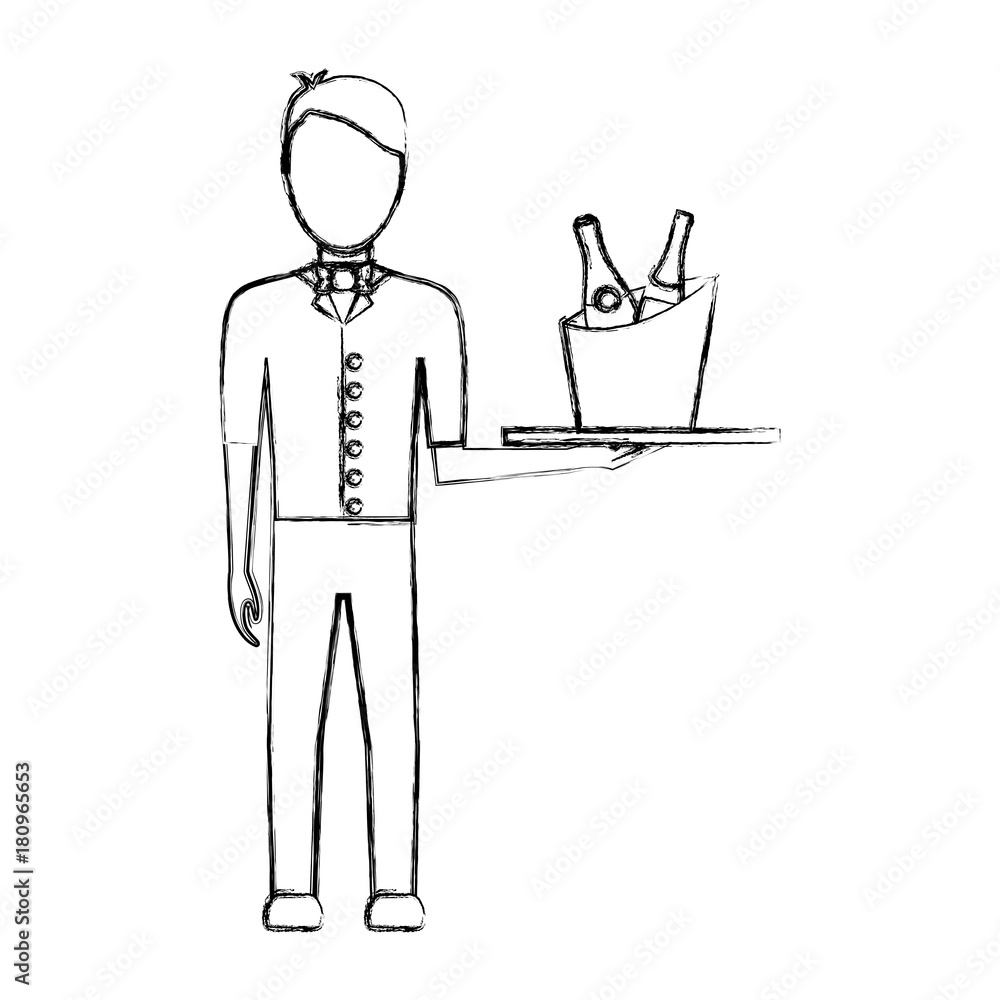 flat line uncolored waiter man over white background vector illustration flat line uncolored waiter man over white background vector illustration