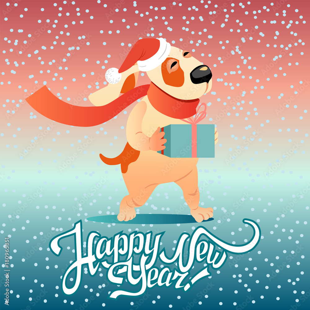 New Year's card with funny dog with a gift on a winter background.
New Year's card with funny dog with a gift on a winter background.